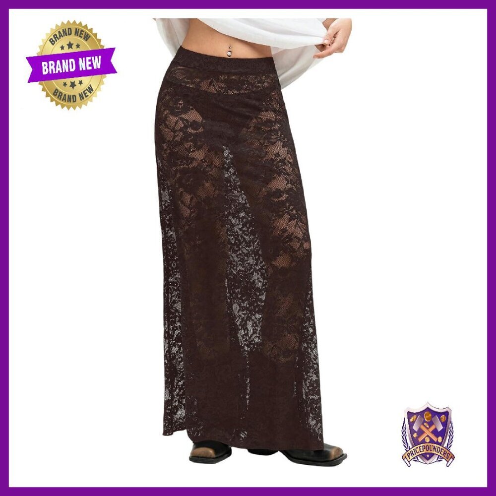 Sheer Mesh Lace Maxi Skirt Y2K See Through Flowy Long Skirt - Picture 1 of 6